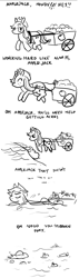 Size: 637x2248 | Tagged: safe, artist:laura frick, applejack, earth pony, pony, g4, apple, apple cart, black and white, bubble, cart, comic, drowning, female, food, grayscale, implied death, mare, monochrome, oregon trail, stubborn, too dumb to live, water