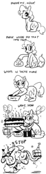 Size: 442x1642 | Tagged: safe, artist:laura frick, pinkie pie, earth pony, pony, g4, balloon, birthday candles, black and white, cake, comic, food, grayscale, long tongue, monochrome, party, present, stahp, tongue out