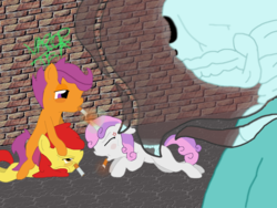 Size: 2048x1536 | Tagged: safe, artist:vapor-tea, apple bloom, scootaloo, sweetie belle, pony, unicorn, g4, cutie mark crusaders, female, filly, foal, mouth hold, smoking