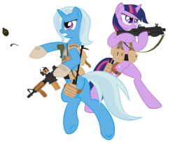 Size: 3000x2456 | Tagged: safe, artist:shadawg, trixie, twilight sparkle, pony, g4, bipedal, duo, duo female, female, gun, high res, simple background, transparent background, weapon