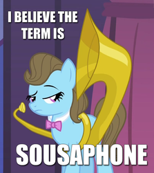 Size: 668x749 | Tagged: safe, edit, edited screencap, screencap, beauty brass, earth pony, pony, g4, the best night ever, caption, correction, cropped, female, image macro, mare, musical instrument, solo, sousaphone