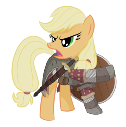 Size: 4500x4556 | Tagged: safe, artist:shadowdark3, applejack, earth pony, pony, g4, absurd resolution, boromir, cosplay, female, hatless, lord of the rings, missing accessory, pointing, shield, simple background, solo, sword, transparent background, vector, weapon