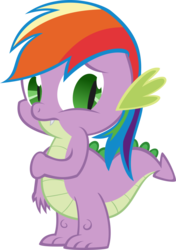 Size: 704x1000 | Tagged: safe, artist:kalleflaxx, rainbow dash, spike, dragon, g4, alternate hairstyle, background removed, embarrassed, female, hand on arm, male, mane swap, new rainbow dash, rainbow hair, simple background, solo, spike is the new rainbow dash, transparent background, vector, wig