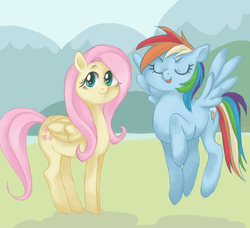 Size: 758x692 | Tagged: safe, artist:bikkisu, fluttershy, rainbow dash, pegasus, pony, g4, eyes closed, female, flying, looking at you, mare, smiling