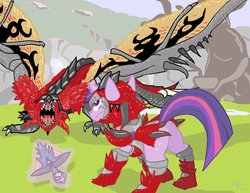 Size: 1600x1236 | Tagged: safe, artist:xanderreh, twilight sparkle, dragon, pony, rathalos, unicorn, wyvern, g4, armor, crossover, female, magic, mare, monster hunter, open mouth, spread wings, sword, telekinesis, unicorn twilight, weapon, wings