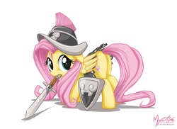 Size: 1240x902 | Tagged: safe, artist:mysticalpha, fluttershy, private pansy, pegasus, pony, g4, hearth's warming eve (episode), butt, female, flutterbutt, helmet, mare, mouth hold, plot, shield, solo, sword