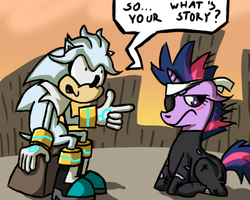 Size: 500x400 | Tagged: source needed, useless source url, safe, twilight sparkle, ask silver the hedgehog, g4, crisis city, crossover, dialogue, future twilight, male, silver the hedgehog, sitting, sonic 06, sonic the hedgehog (series), tumblr