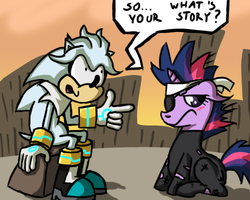 Size: 500x400 | Tagged: source needed, useless source url, safe, twilight sparkle, ask silver the hedgehog, g4, crisis city, crossover, dialogue, future twilight, male, silver the hedgehog, sitting, sonic the hedgehog (2006), sonic the hedgehog (series), tumblr