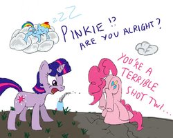 Size: 800x640 | Tagged: artist needed, safe, pinkie pie, rainbow dash, twilight sparkle, earth pony, pegasus, pony, unicorn, g4, butt, cloud, faceplant, female, mare, party cannon, plot, ponibooru, pony cannonball, sleeping, sleepydash, zzz