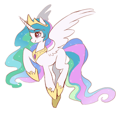 Size: 876x836 | Tagged: source needed, safe, artist:kalas17, artist:misskatto, princess celestia, alicorn, pony, g4, crown, cute, female, jewelry, mare, missing cutie mark, multicolored mane, multicolored tail, necklace, raised hoof, regalia, simple background, smiling, solo, spread wings, starry eyes, white background, wingding eyes