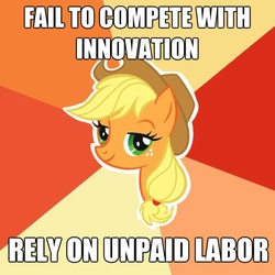 Size: 600x600 | Tagged: safe, applejack, earth pony, pony, g4, the super speedy cider squeezy 6000, advice meme, debate in the comments, female, meta, slavery, solo