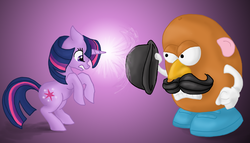 Size: 800x457 | Tagged: safe, artist:bux, twilight sparkle, pony, g4, duo, mr. potato head