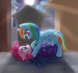 Size: 1525x1441 | Tagged: dead source, safe, artist:jacky-bunny, mare do well, pinkie pie, rainbow dash, earth pony, pegasus, pony, g4, the mysterious mare do well, clothes, costume, duo, duo female, female, mare, mare do well costume, on back, scene interpretation, shocked