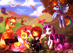 Size: 1400x1029 | Tagged: safe, artist:silvercresent11, applejack, fluttershy, pinkie pie, rainbow dash, rarity, twilight sparkle, cat, human, g4, crossover, doctor who, link, mane six, portal, soot sprite, spirited away, the legend of zelda