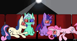 Size: 4738x2566 | Tagged: dead source, safe, artist:mostlyponyart, bon bon, lyra heartstrings, pinkie pie, sweetie drops, twilight sparkle, earth pony, pony, unicorn, g4, 3d glasses, cinema, dock, double date, female, glasses, group, lesbian, quartet, ship:lyrabon, ship:twinkie, shipping, smiling, theater