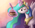 Size: 1500x1200 | Tagged: safe, artist:ric-m, princess celestia, alicorn, pony, g4, cake, cakelestia, concave belly, donut, female, licking lips, magic, mare, slender, smiling, solo, thin, tongue out