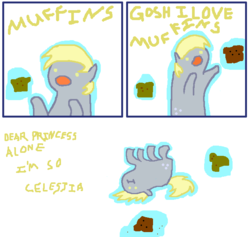 Size: 660x625 | Tagged: safe, artist:ponyflea, derpy hooves, pegasus, pony, g4, comic, female, i'm so alone, mare, muffin, simple background, solo, that pony sure does love muffins