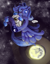 Size: 600x776 | Tagged: dead source, safe, artist:hayhedgehoghay, princess luna, g4, crossover, hug, incorrect leg anatomy, one word, personality core, portal (valve), s1 luna, space, space core