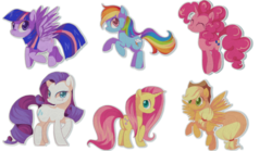 Size: 600x333 | Tagged: safe, artist:loyaldis, applejack, fluttershy, pinkie pie, rainbow dash, rarity, twilight sparkle, earth pony, pegasus, pony, unicorn, g4, earth pony rainbow dash, earth pony rarity, female, flapplejack, horn, mane six, mare, pegasus twilight sparkle, race swap, simple background, transparent background, unicorn fluttershy, unicorn pinkie pie