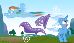 Size: 1440x849 | Tagged: artist needed, safe, rainbow dash, trixie, pegasus, pony, unicorn, g4, blushing, duo, female, mare, tree