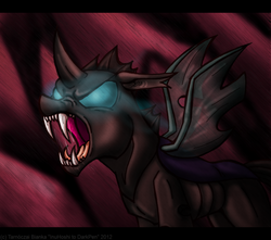 Size: 800x706 | Tagged: safe, artist:inuhoshi-to-darkpen, changeling, g4, fangs, glowing, glowing eyes, holes in wings, letterboxing, open mouth, sharp teeth, solo, spread wings, teeth, wings