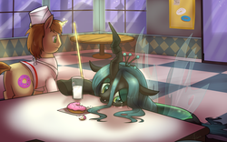 Size: 3200x2000 | Tagged: safe, artist:valcron, donut joe, queen chrysalis, changeling, changeling queen, pony, unicorn, g4, crown, crying, donut, female, high res, jewelry, male, milk, regalia, restaurant, sad, stallion, table, working