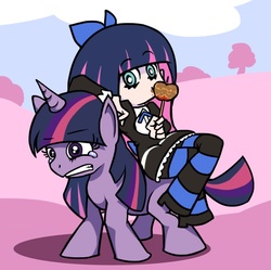 Size: 725x722 | Tagged: safe, artist:osakaqcvow, twilight sparkle, angel, pony, unicorn, g4, anarchy stocking, apple, blue hair, blue mane, blue tail, candy apple, clothes, cloud, crossover, cutie mark, eyelashes, food, gothic lolita, horn, light skin, lolita fashion, long hair, long mane, long tail, multicolored hair, multicolored mane, multicolored tail, outdoors, panty and stocking with garterbelt, pink hair, pink mane, pink tail, purple mane, purple tail, ribbon, riding, riding a pony, shadow, shoes, sidesaddle, sky, stockinglight, tail, teary eyes, tree