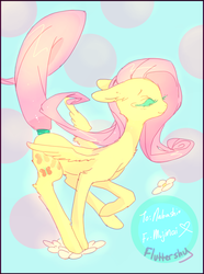 Size: 600x807 | Tagged: safe, artist:mujinai, fluttershy, pegasus, pony, g4, abstract background, eyelashes, eyes closed, female, floppy ears, mare, raised hoof, smiling, solo, spread wings, wings