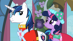 Size: 1152x648 | Tagged: safe, screencap, shining armor, twilight sparkle, pony, unicorn, a canterlot wedding, g4, female, hub logo, logo, male, mare, stallion, the hub, wedding