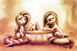 Size: 1200x800 | Tagged: safe, artist:kp-shadowsquirrel, fluttershy, pinkie pie, g4, drink, duo, emo, emoshy, lidded eyes, monochrome, pinkamena diane pie, raised hoof, sitting, straw, table, tea party