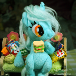 Size: 567x569 | Tagged: safe, artist:piquipauparro, lyra heartstrings, pony, unicorn, g4, bench, chips, eraser, food, food eraser, irl, lyra plushie, mcdonald's, photo, plushie, sandwich, sitting, sitting lyra, solo