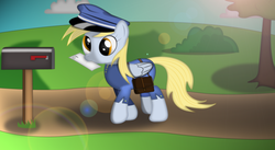 Size: 1973x1081 | Tagged: safe, artist:izeer, derpy hooves, pegasus, pony, g4, cute, female, mail, mailmare, mare, solo