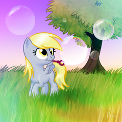 Size: 700x700 | Tagged: safe, artist:funnyfany, derpy hooves, pegasus, pony, g4, blowing bubbles, bubble, cute, female, filly, solo