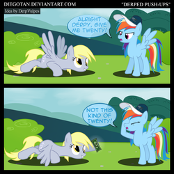 Size: 1600x1600 | Tagged: safe, artist:diegotan, derpy hooves, rainbow dash, pegasus, pony, g4, comic, female, mare, money, pun, push-ups