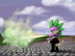 Size: 1024x768 | Tagged: safe, artist:xx-mr-no-name-xx, spike, dragon, g4, badass, clothes, male, smoke, solo, suit, swag