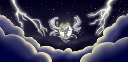 Size: 2457x1185 | Tagged: safe, artist:scrumpychumpy, derpy hooves, pegasus, pony, g4, cloud, cloudy, female, glowing eyes, lightning, mare, solo, storm