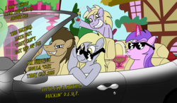 Size: 1215x710 | Tagged: safe, artist:unoservix, amethyst star, derpy hooves, dinky hooves, doctor whooves, sparkler, time turner, earth pony, pegasus, pony, g4, car, derpy driving, drink, driving, female, hooves family, magic, male, mare, stallion, straw, sunglasses, swag, telekinesis, the hooves