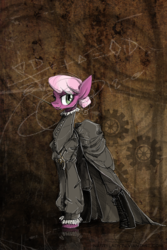 Size: 600x900 | Tagged: safe, artist:nastylady, cheerilee, earth pony, pony, g4, abstract background, alternate hairstyle, clothes, female, mare, mouth hold, smiling, smirk, solo, steampunk, victorian