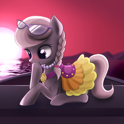 Size: 1200x1200 | Tagged: safe, silver spoon, earth pony, pony, g4, blushing, boat, clothes, dress, female, glasses, saddle, solo, sunset