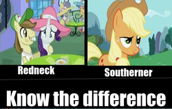 Size: 500x318 | Tagged: safe, applejack, hayseed turnip truck, rarity, earth pony, pony, unicorn, g4, bucktooth, comparison, cropped, female, know the difference, male, mare, redneck, stallion