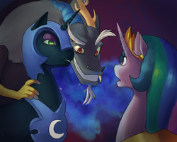 Size: 1081x864 | Tagged: safe, artist:blu-red, discord, nightmare moon, princess celestia, g4