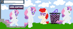 Size: 2832x1116 | Tagged: safe, artist:megasweet, sweetie belle, twist, earth pony, pony, unicorn, ask smarty belle, g4, 3 panel comic, ask, bipedal, cloud, comic, glasses, horn, optometrist, smarty belle, smiling, trash can