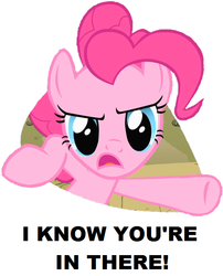 Size: 534x661 | Tagged: safe, edit, edited screencap, screencap, pinkie pie, earth pony, pony, g4, over a barrel, season 1, background removed, blue eyes, breaking the fourth wall, female, fourth wall, hey! that's what i said!, looking at you, mare, open frown, pink coat, pink fur, pink hair, pink mane, pink pony, poofy hair, poofy mane, simple background, solo, text, white background