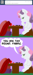 Size: 945x2118 | Tagged: safe, artist:megasweet, sweetie belle, ask smarty belle, g4, dumb fabric, puns in the description, smart fabric, smarty belle