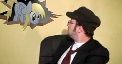 Size: 900x476 | Tagged: safe, derpy hooves, human, pegasus, pony, g4, female, fourth wall, irl, irl human, male, mare, nostalgia critic, photo