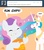 Size: 945x1062 | Tagged: safe, artist:megasweet, princess celestia, sweetie belle, alicorn, pony, unicorn, ask smarty belle, g4, eating, female, smarty belle, tumblr