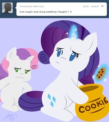 Size: 945x1062 | Tagged: safe, artist:megasweet, rarity, sweetie belle, pony, unicorn, ask smarty belle, g4, cookie, glowing horn, horn, magic, smarty belle, telekinesis, tumblr