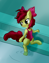 Size: 630x800 | Tagged: safe, artist:snus-kun, apple bloom, earth pony, pony, g4, clothes, female, one-piece swimsuit, school swimsuit, solo, swimming, swimming pool, swimsuit, underwater