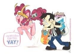 Size: 800x589 | Tagged: safe, artist:amy mebberson, pinkie pie, human, g4, comic con, crossover, dan, dan vs, jem, jem and the holograms, loki, san diego comic con