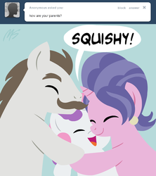 Size: 945x1063 | Tagged: safe, artist:megasweet, cookie crumbles, hondo flanks, sweetie belle, earth pony, pony, unicorn, ask smarty belle, g4, ask, cute, diasweetes, earring, eyes closed, happy, hug, open mouth, ship:cookieflanks, smarty belle, smiling, squishy